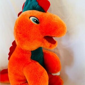 Vintage Plush Orange Dinosaur Toy with Teal Accents